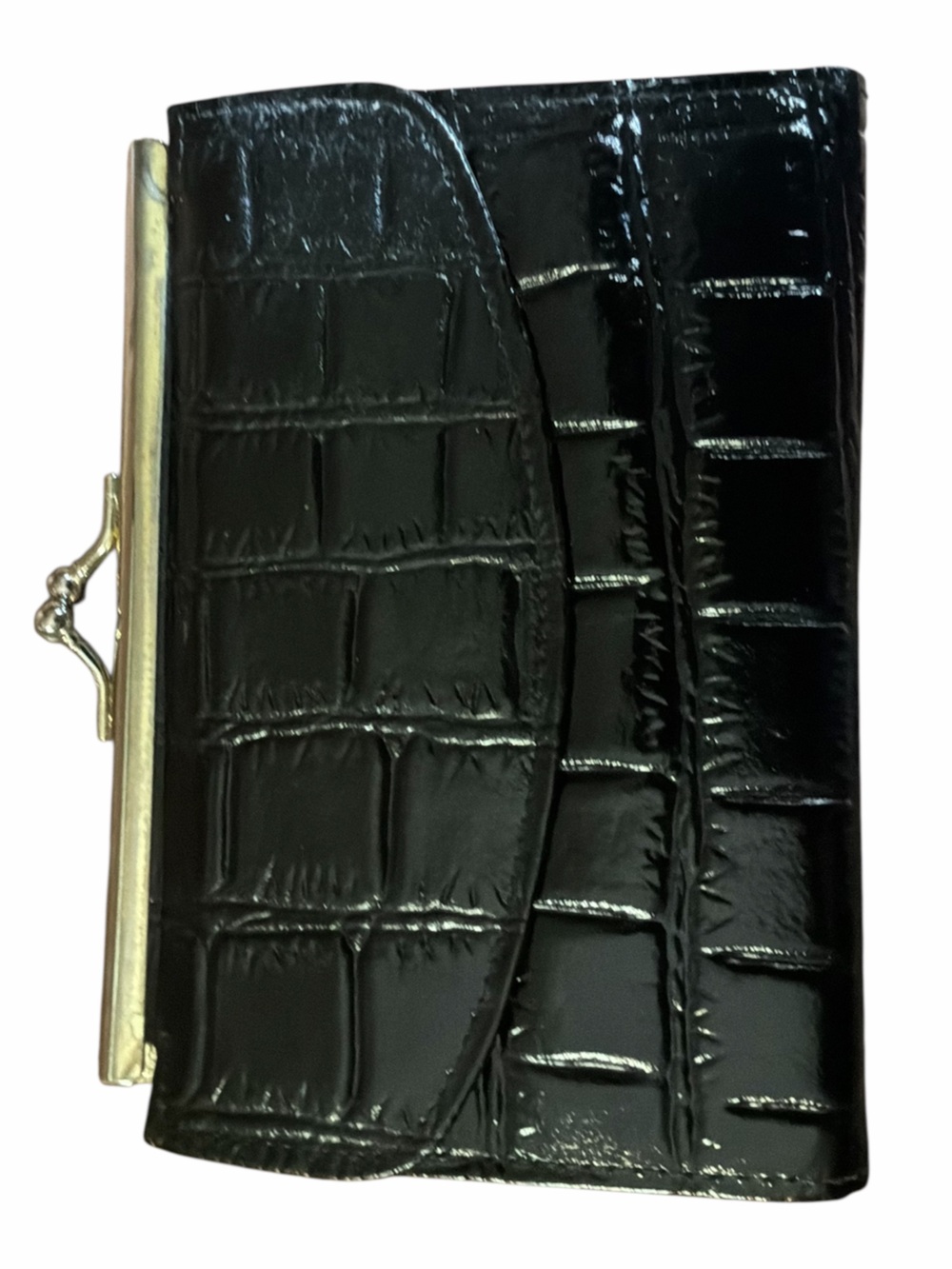 Vintage Black Croc Embossed Leather Small Wallet Kiss Lock Coin Purse